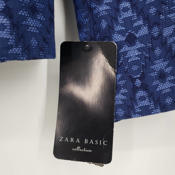 3/$25 Zara Jacquard Blazer Jacket XS Aztec Tribal One Button Cotton Blend Blue - Picture 5 of 13